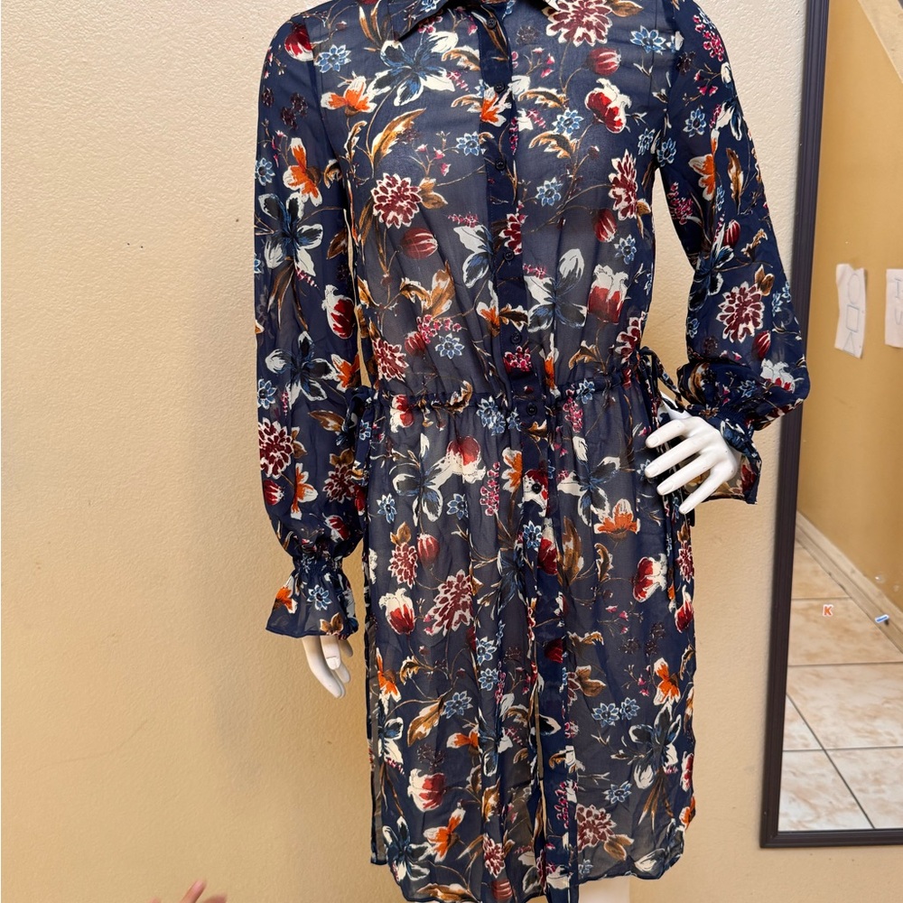 Navy Floral Tie-Waist Sheer Dress